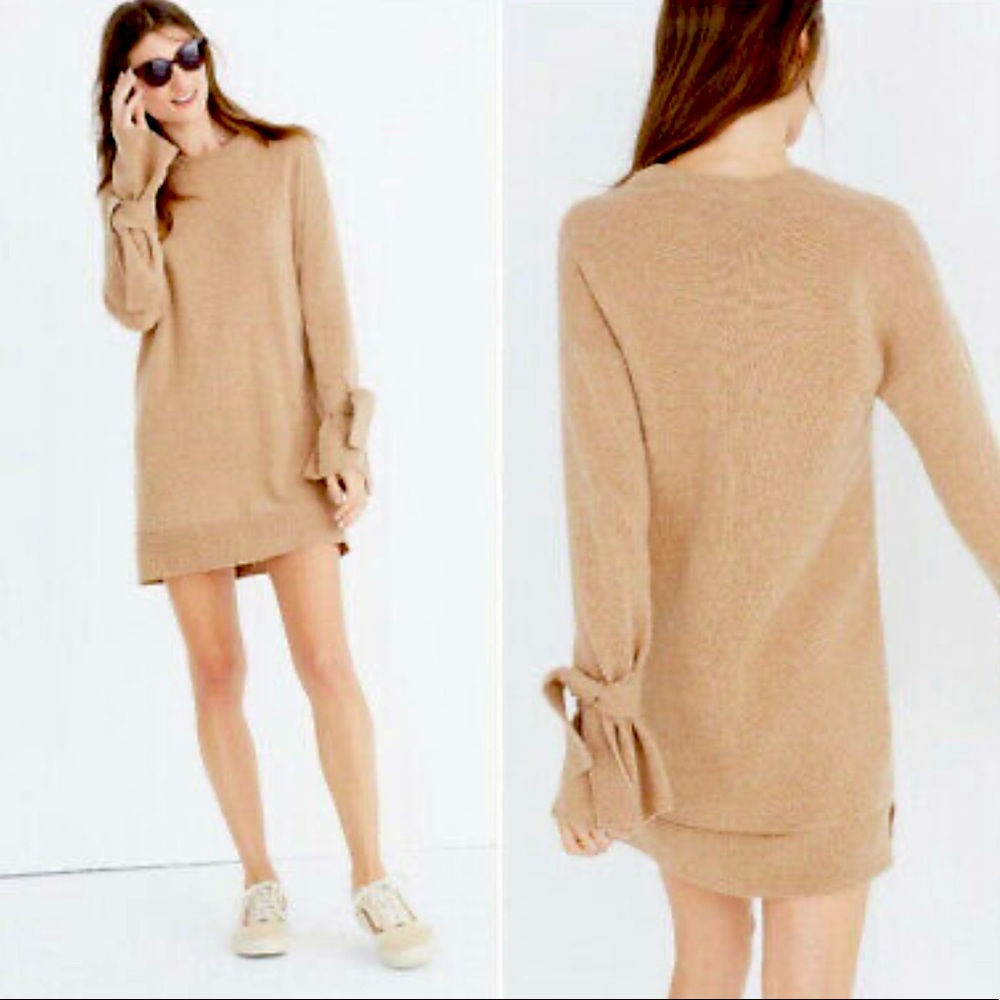 Madewell Tie-Sleeve Camel Sweater Dress